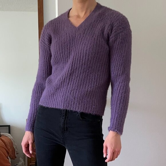 S-M RIHOAS Purple Brushed Mohair V Neck Sweater - Picture 1 of 1